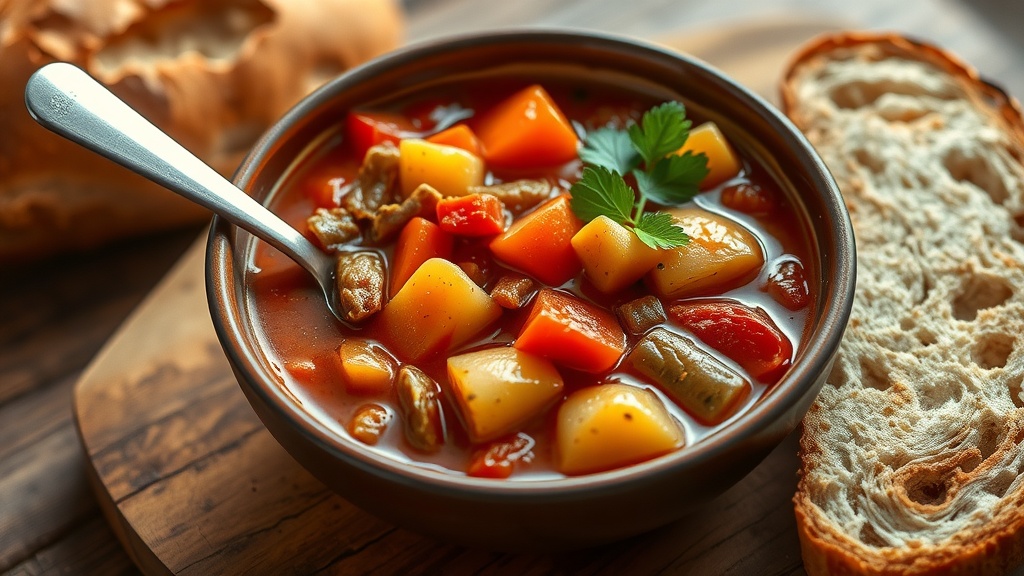 Hearty Vegetable Stew Recipe A cozy bowl of vegetable stew with carrots, potatoes, and bell peppers, garnished with parsley, on a wooden table with bread.